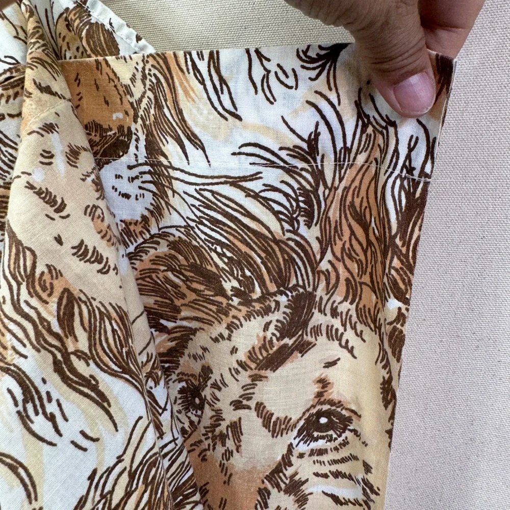 Bibb Vintage Lion Print Queen Flat Sheet Brown Tan Safari Retro 70s Muslin